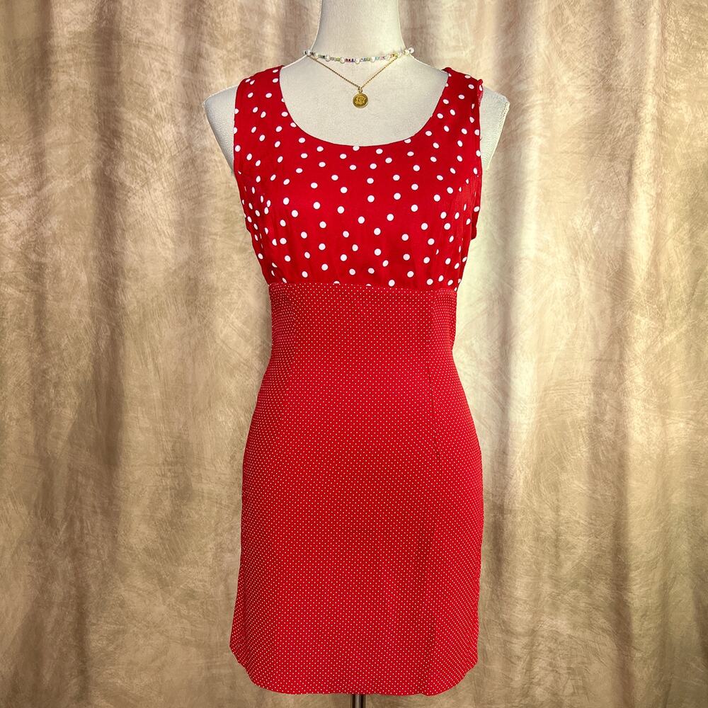 Vintage Polka Dot Dress Mini Sleeveless Empire Waist Red 90s Pinup Rockabilly